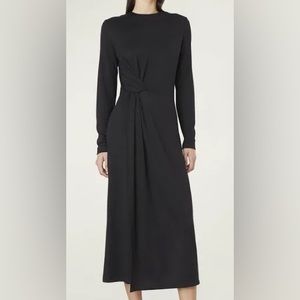 Vince midi asymmetric gathered black long-sleeve dress, size medium